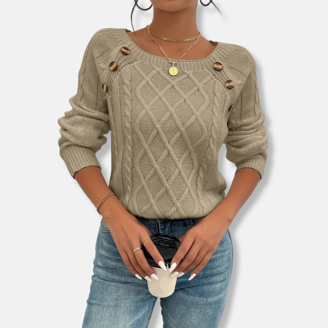 Top En Maille Pour Femme Coupe Décontractée Maille Cable Épaule Tombante Boutons Accent Poignets Côtelés