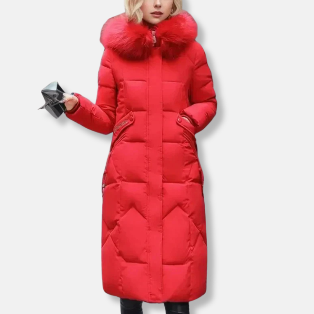 Manteau Long Matelassé Femme Coupe Slim Col Fourrure Détachable Élégant et Chaud