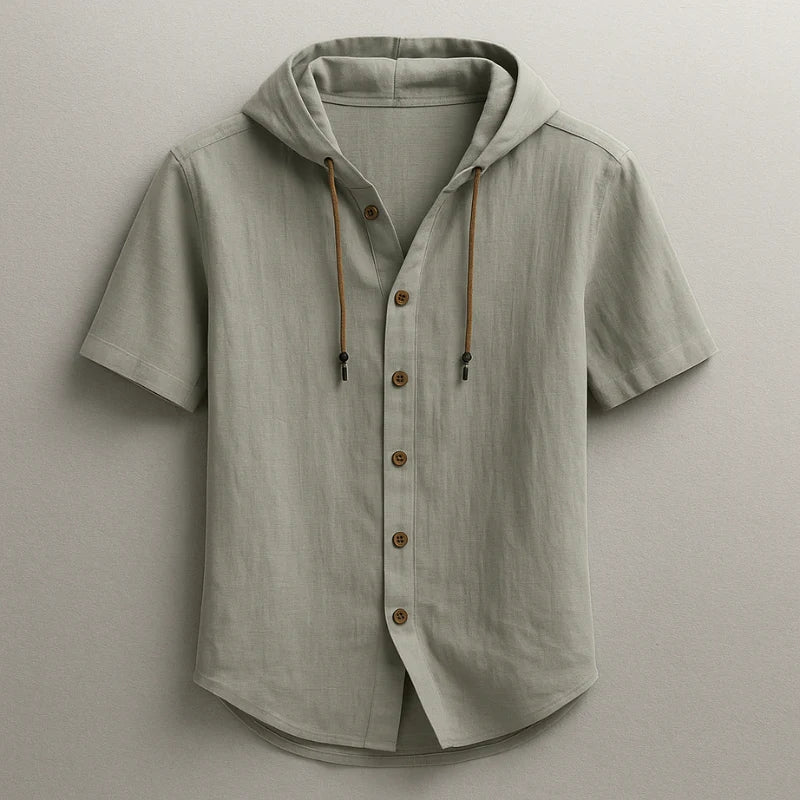 Chemise À Capuche En Mélange Coton-Lin Léger Avec Manches Courtes Avec Cordon Et Ourlet Courbé
