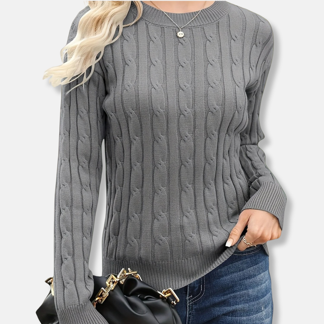 Pull Femme Maille Fine Col Rond Manches Longues Tricot Cable Coupe Décontractée Longueur Sur Les Hanches