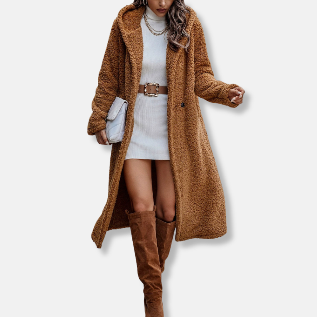 Manteau Long Femme en Peluche Douce Coupe Décontractée Capuche Revers à Encoche Pour Automne Hiver