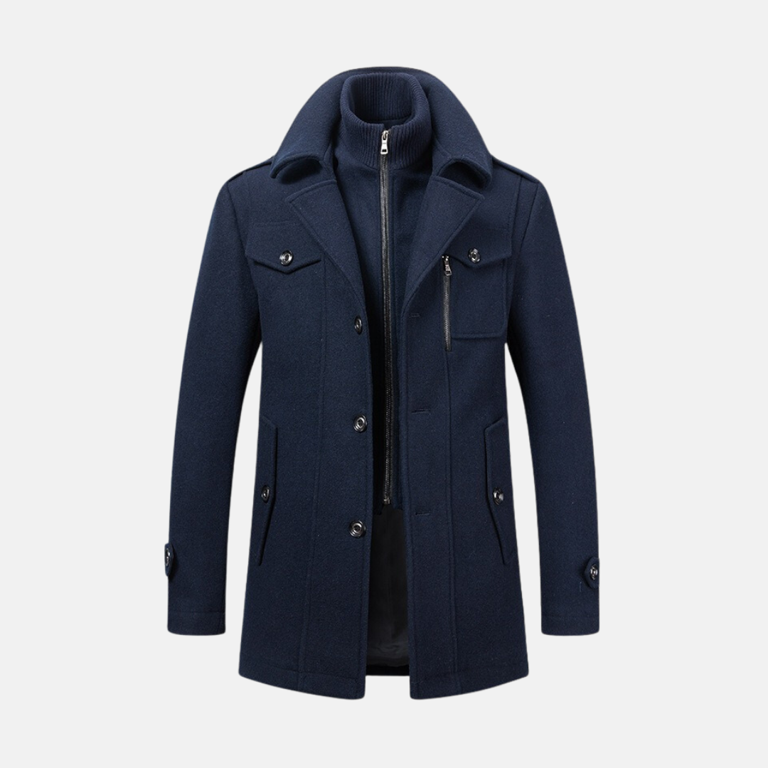 Manteau Homme en Mélange de Laine Slim Fit Longueur MiCuisse avec Double Col et Épaulettes