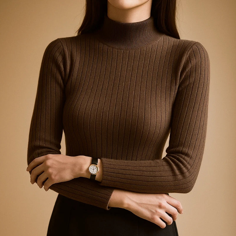 Pull En Maille Fine À Côtes Col Montant Demi Haut Coupe Épurée Vera Mont Pour Hiver Et Printemps