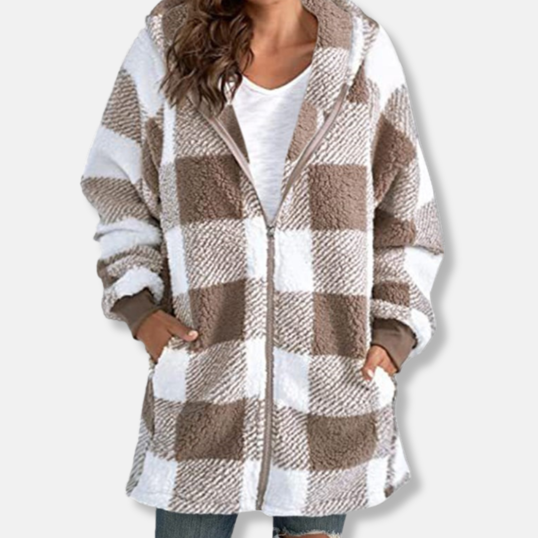 Veste À Capuche Femme Oversize En Maille Douce Longue Avec Zip Complet Et Motif Carreaux