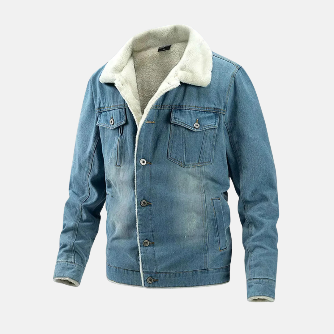 Veste Denim Homme À Longueur Hip Avec Doublure Sherpa Synthétique Poches Effet Usé Fermeture Boutons Devant