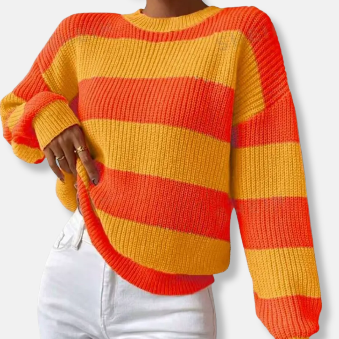 Sweat Femme En Maille Côtelée Coupe Décontractée Manches Ballon Col Rond Rayé Pour Femme