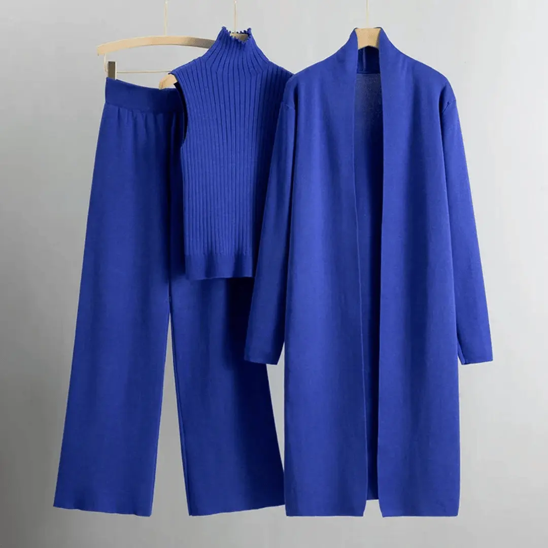 Ensemble Trois Pieces Sophia Lane Cardigan Ouvert En Maille Pantalon Large À Jambes Évasées Col Roulé Sans Manches