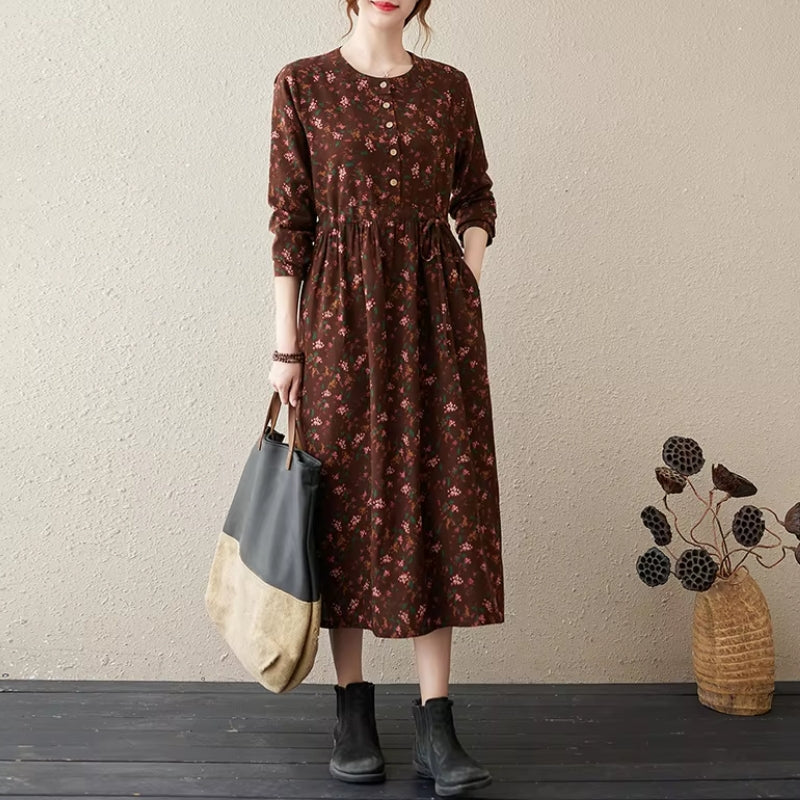 Robe Marisole En Lin Imprimé Floral Midi Chic Esprit Vintage Décontracté Pour Toute Occasion Amawinc