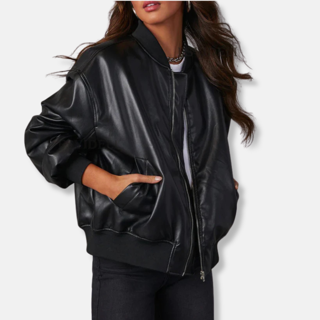 Veste En PU Pour Femmes Oversize Décontractée Avec Bordures Côtelées Et Fermeture Éclair Intégrale