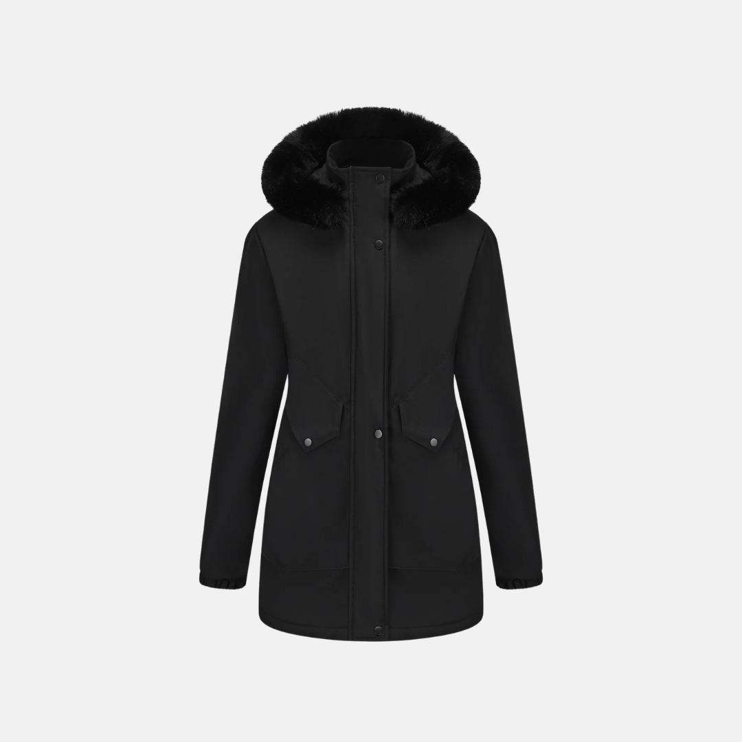 Parka Femme Mi Longue Avec Capuche En Fourrure Synthétique Ajustable Taille Fermeture À Pression