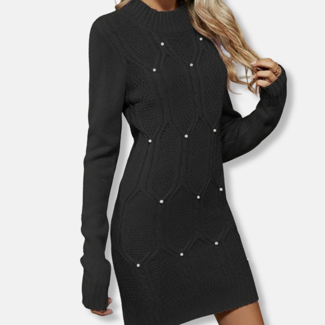 Robe En Maille Femme Slim Fit Col Montant Motif Texturé Manches Longues Mini Longueur Amawinc