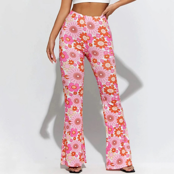 Pantalon Évasé Taille Haute Motif Fleuri Style Rétro Pour Tenues Quotidiennes Soirées