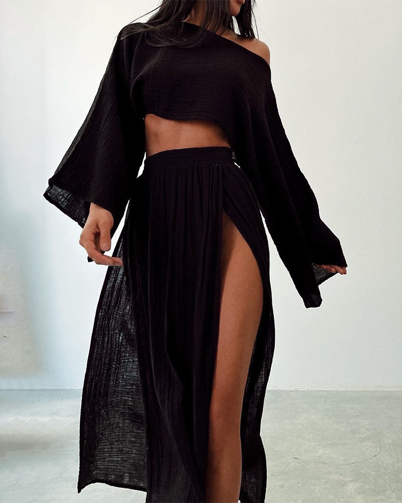 Ensemble Deux Pièces Sylvia En Gazé Mousseline Haut Crop À Manches Larges Jupe Maxi À Fente
