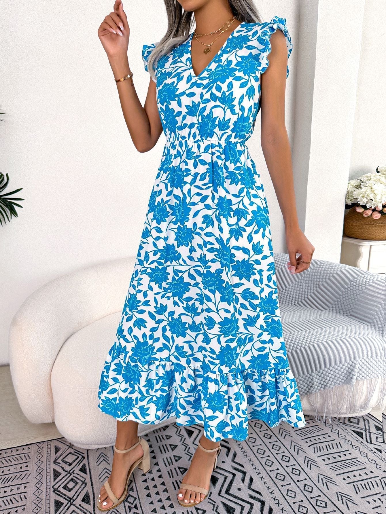Amawinc Robe Nayra Imprimé Floral Midi Avec Manches Volantées En Chiffon Léger Pour Femme