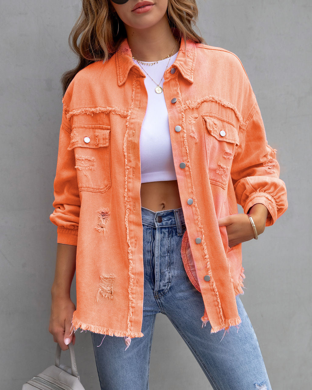 Leyna Veste Chemise Amawinc Femmes Style Urbain Confort Détails Déchirés Automne Printemps