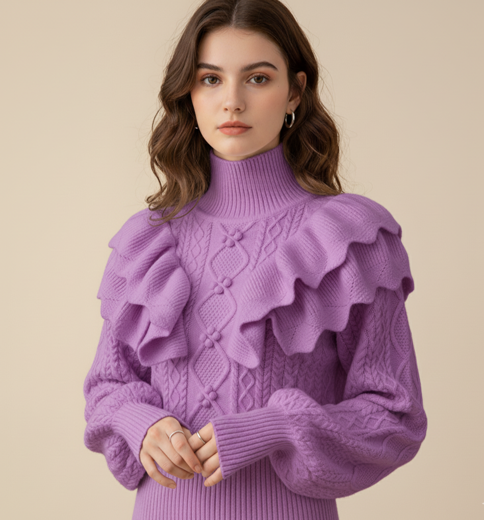Pull Femme Amawinc à Épaules Volants en Maille Câblée Col Haut Chic Très Élégant Idéal Jour et Soir