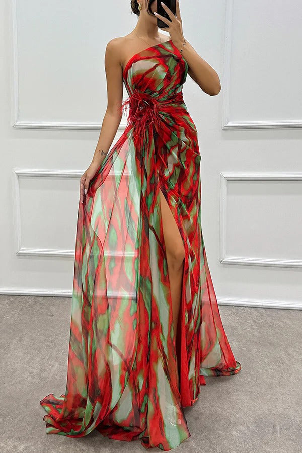 Audrey Robe Maxi Décolletée à une Épaule Avec Fente Pour Soirées Formelles Amawinc