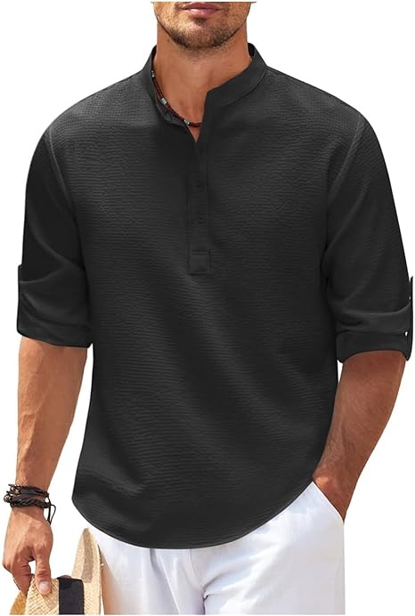 Chemise Pour Homme À Col Mao À Coupe Décontractée En Coton Léger Avec Manches Boutonnées Pour Le Quotidien
