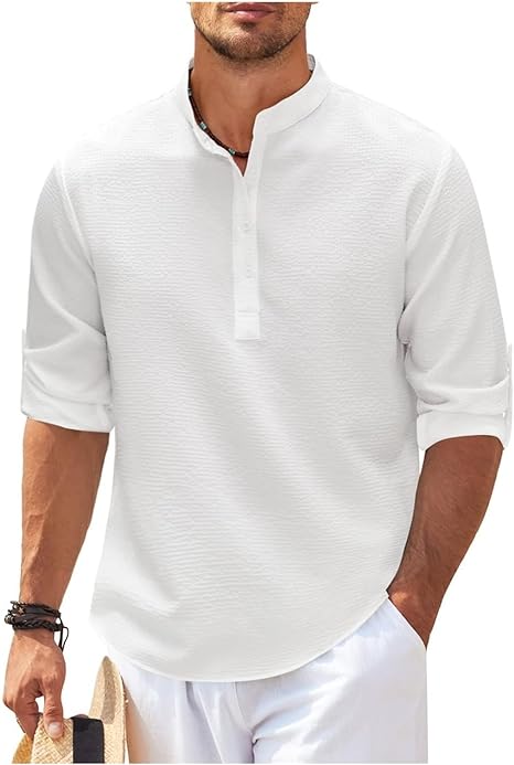Chemise Pour Homme À Col Mao À Coupe Décontractée En Coton Léger Avec Manches Boutonnées Pour Le Quotidien
