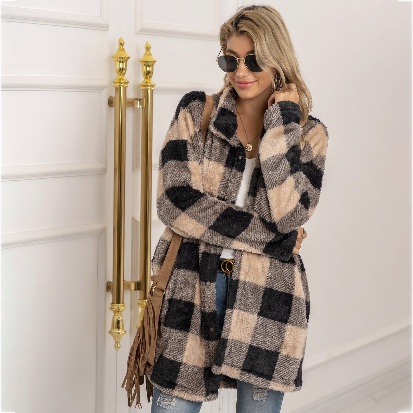 Veste Longue Polaire À Carreaux Colorblock Pour Femme Chaude Confortable Et Élégante Hiver Essentielle