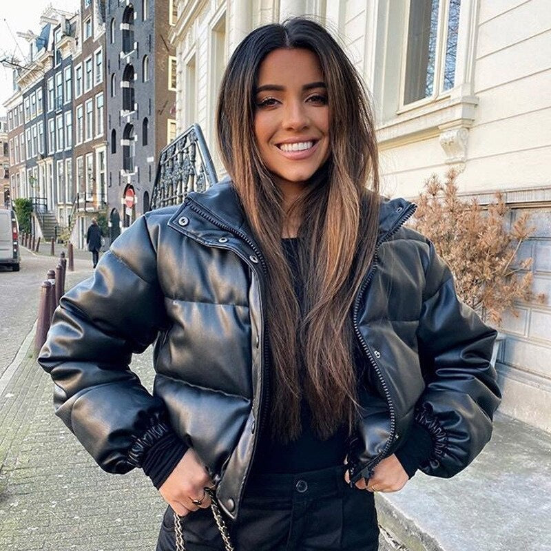 Veste Leyna En Cuir PU Pour Femme Hiver Chaud Et Style Vintage Y2K Avec Col Montant