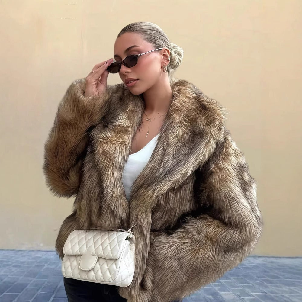 Amawinc Bella Manteau Femme Luxueux Style Fourrure Synthétique Avec Col Oversize Et Texture Somptueuse