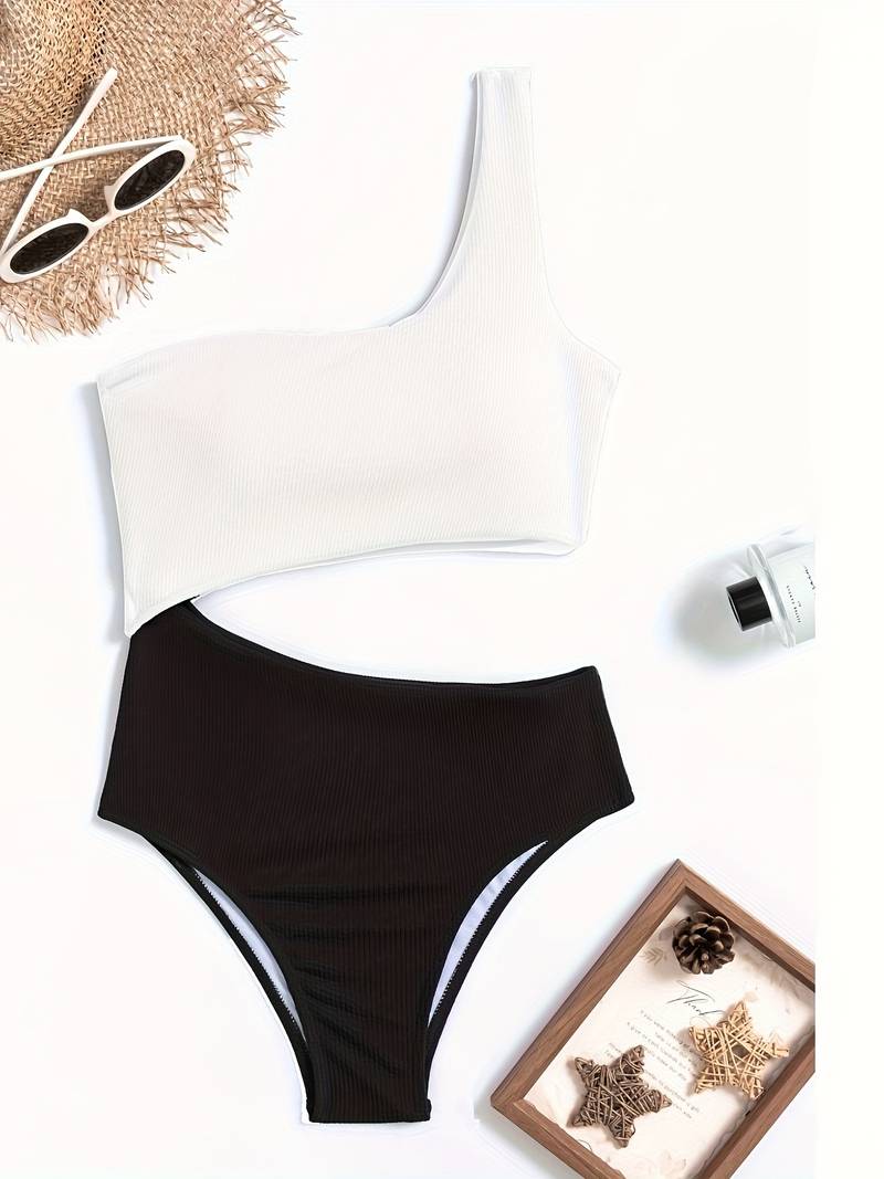 Maillot De Bain Femme À Encolure Asymétrique Texture Côtelée Coupe Haute À Jambe Élevée Et Coupe Ajustée