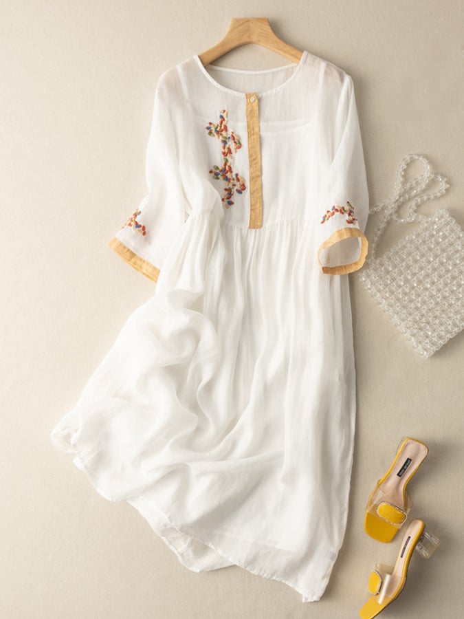 Robe Femme En Coton Et Lin Brodée Coupe Décontractée Fermeture Par Boutons Manches Trois Quarts