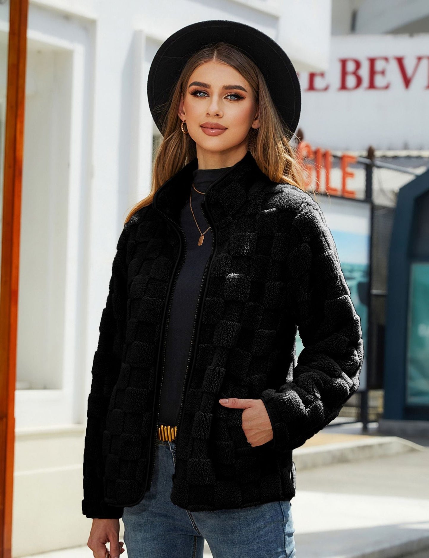 Veste Polaire Femme Zip Col Montant Confortable Pour Hiver Chaud Moderne Avec Motif Carreaux