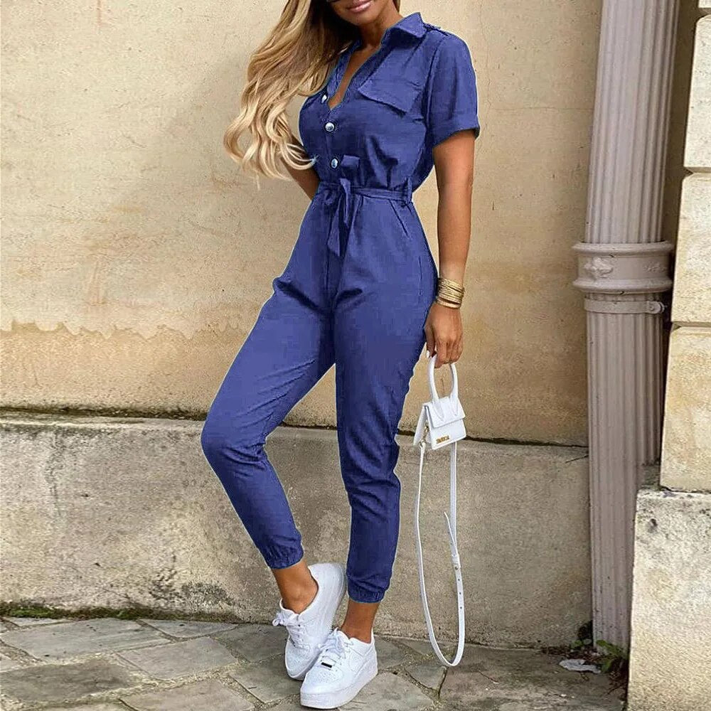 Combinaison Femme Style Utilitaire Bouton Fermeture Ceinture Taille Manches Courtes Pour Printemps Et Été