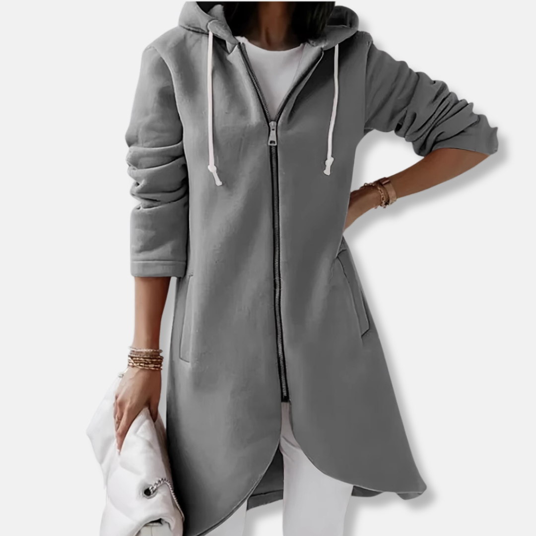 Cardigan Femme À Capuche En Maille Longue Avec Zip Complet Et Ourlet Asymétrique Coupe Décontractée