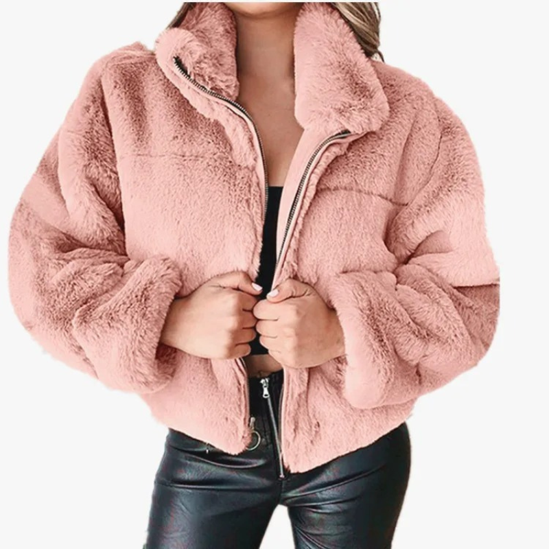 Damen Teddy Fleece Jacke Carola: Warme Kurzjacke mit hohem Kragen, stylisch