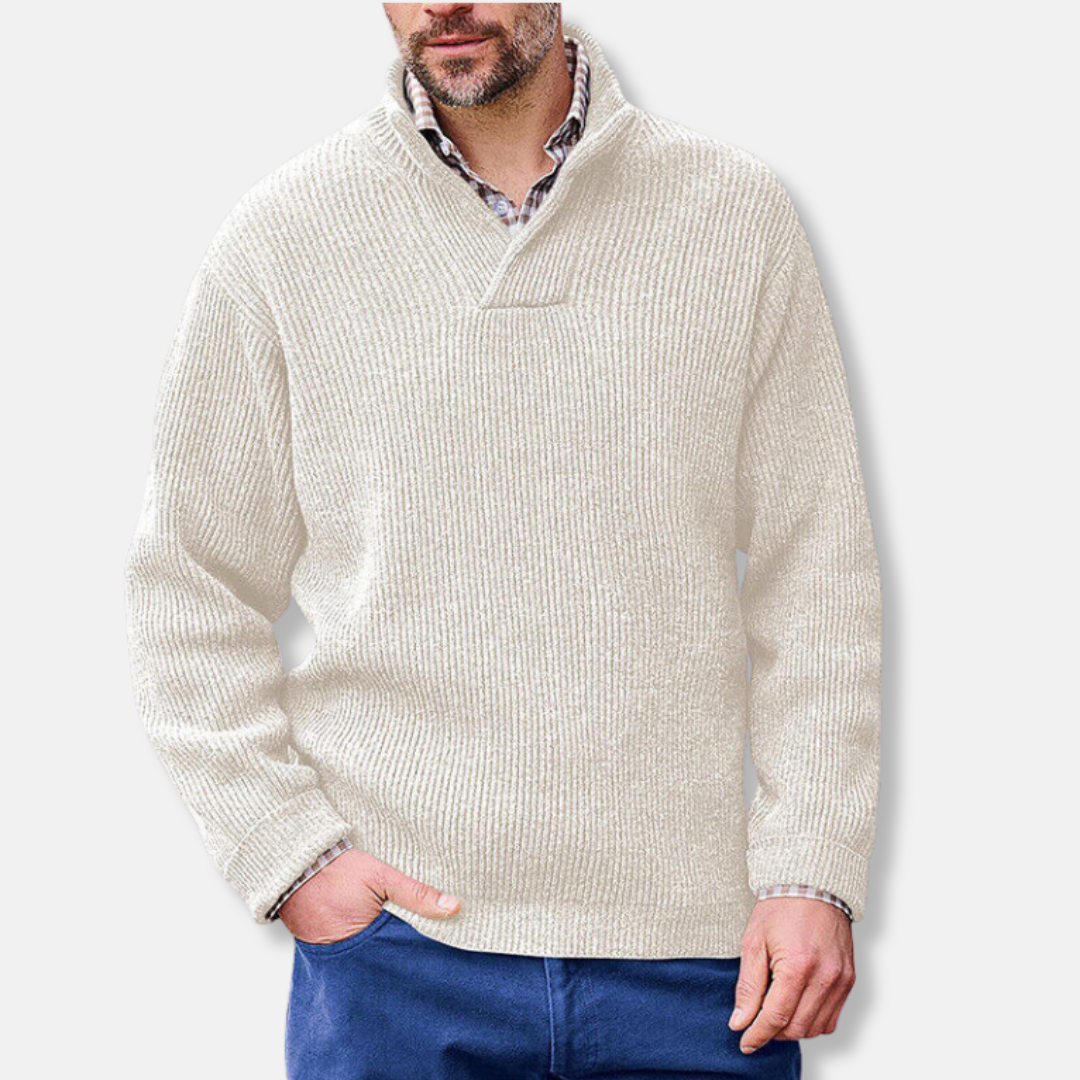 Pull Homme En Mélange Coton À Col Montant Et Col En V Coupe Ample Manches Longues