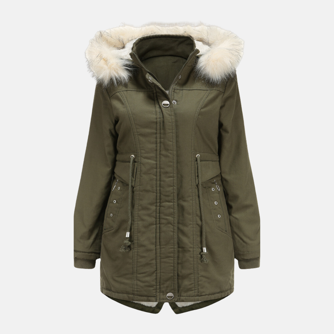 Parka Femme Ajustée Capuche Amovible En Fourrure Synthétique Résistante Aux Intempéries Longueur Mi