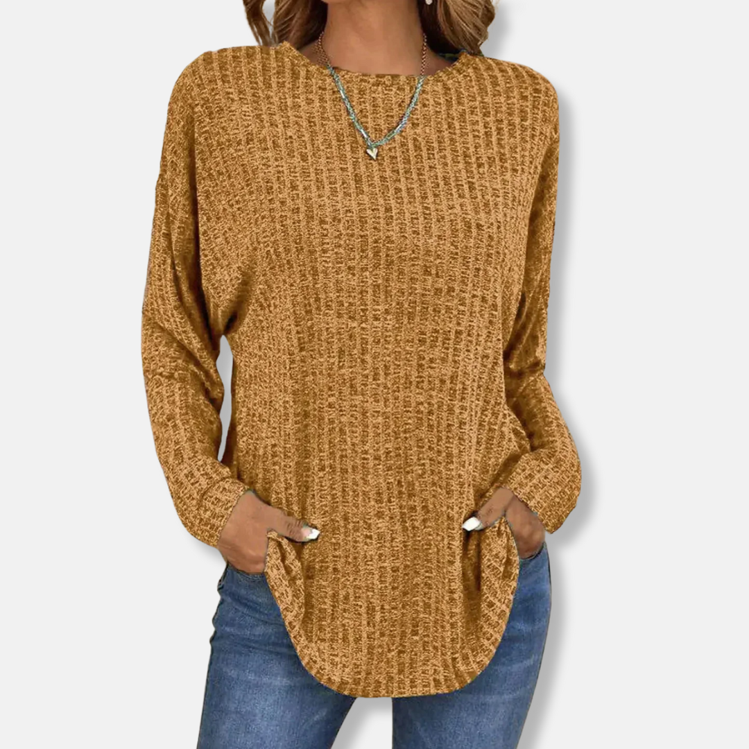 Pull Femme Tricot Côtelé À Coupe Décontractée Manche Longue Avec Ourlet Courbé Pour Automne Hiver