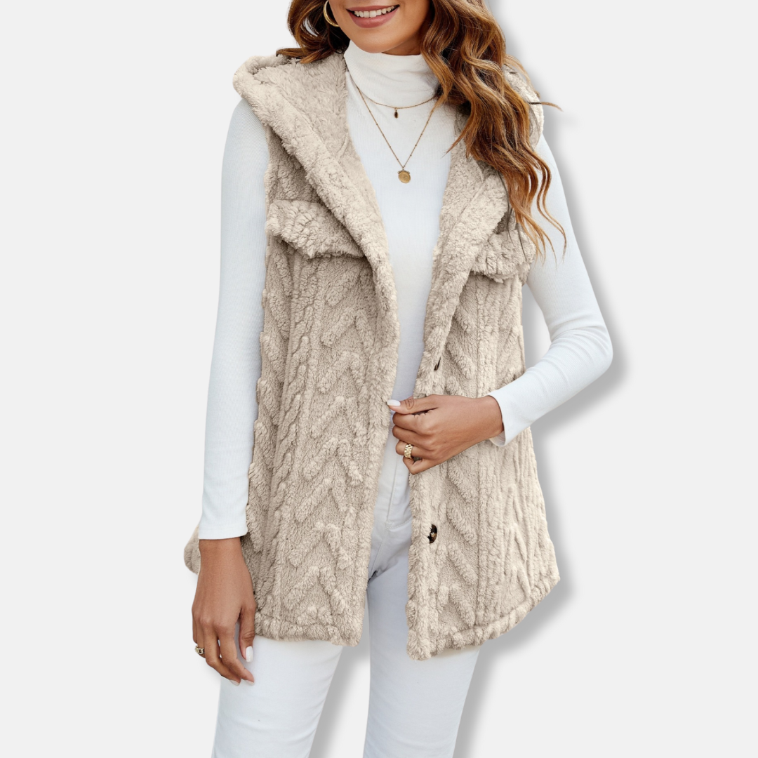 Gilet À Capuche Sans Manches Pour Femme En Maille Câblée Pelucheuse Avec Boutons Devant Poches Et Coupe Décontractée