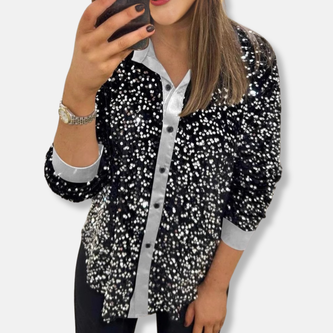 Chemise à Sequins Pour Femme Coupe Décontractée Boutonnée Manches Longues Haut de Soirée