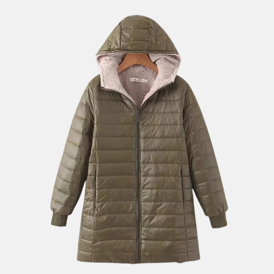 Manteau Matelassé Pour Femme Mi Long Capuche Doublé Polaire Poignets Cotes Isolé Pour Hiver Chaud