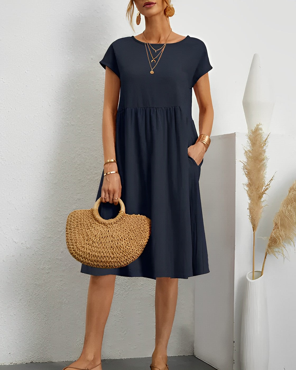 Robe Midi Femme Décontractée Avec Manches Courtes Encolure Ronde Et Poches Pratiques Amawinc