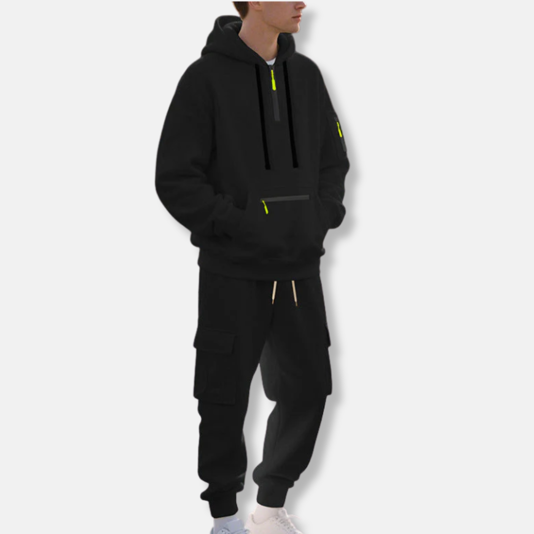 Ensemble Survêtement Homme Coupe Décontractée Sweat À Capuche Demi Zip Et Pantalon Cargo À Taille Cordon Idéal Quotidien