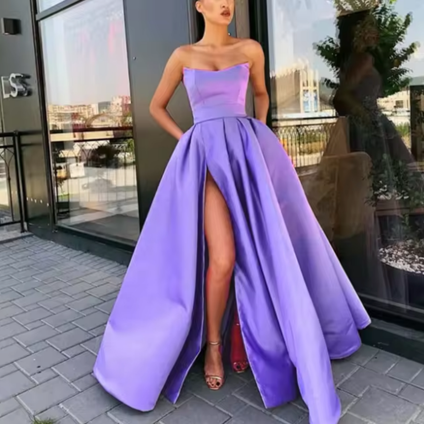 Robe De Soirée Pour Femme Sans Bretelles Coupe A Ligne Longue Avec Fente Haute Élégante