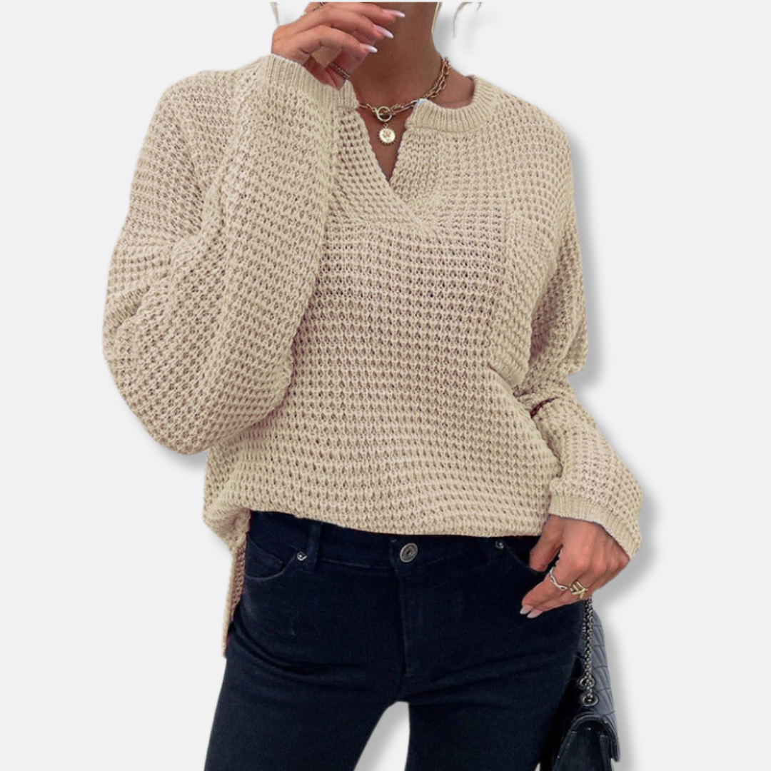 Pull Femme En Maille Gaufre Coupe Décontractée Col Rond À Encoches Manches Longues À Poignets