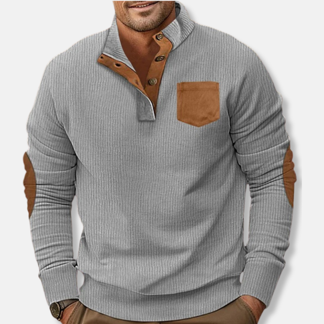 Sweatshirt Homme En Maille Côtelée Col Montant Patches Coudes Contrastants Pour Quotidien
