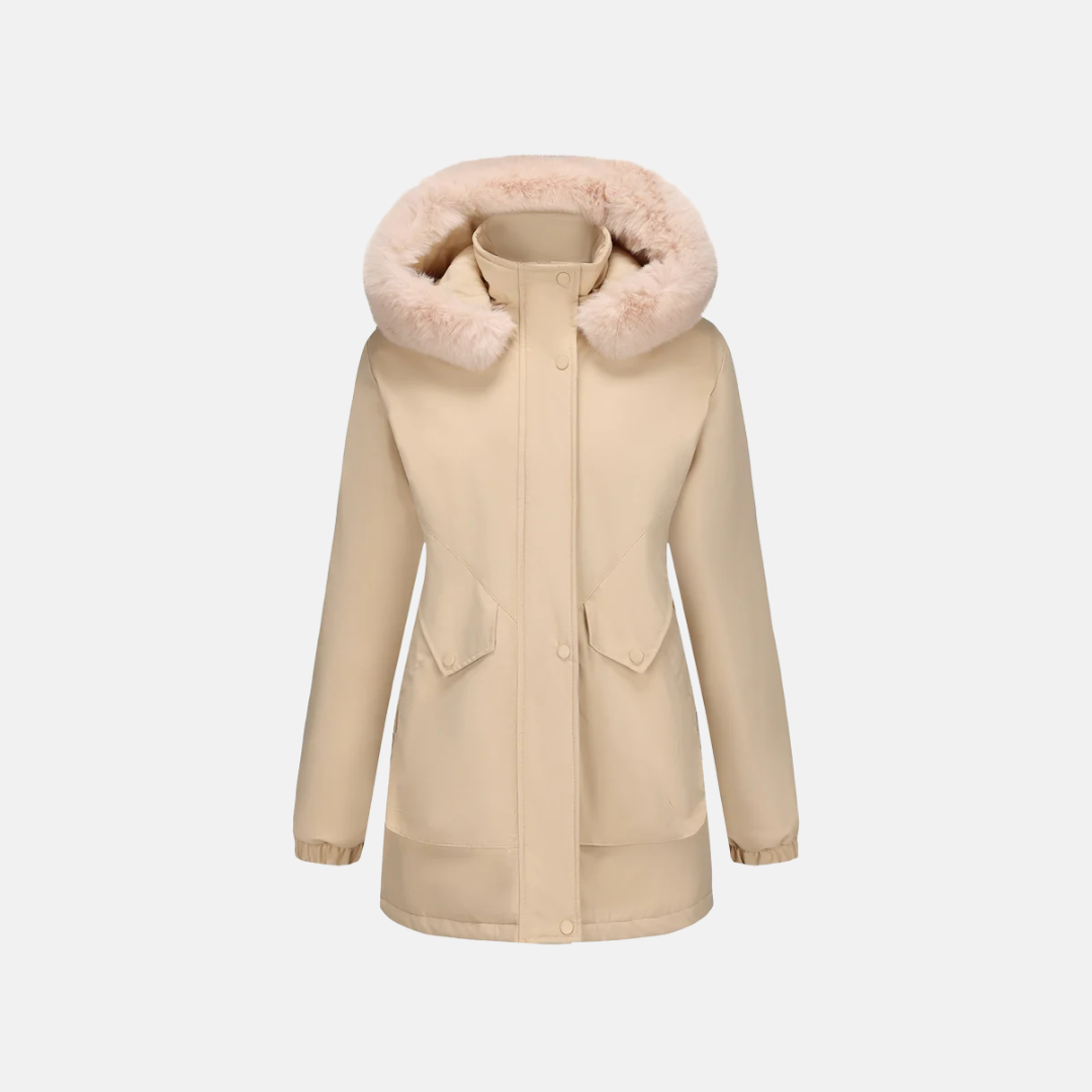 Parka Femme Mi Longue Avec Capuche En Fourrure Synthétique Ajustable Taille Fermeture À Pression