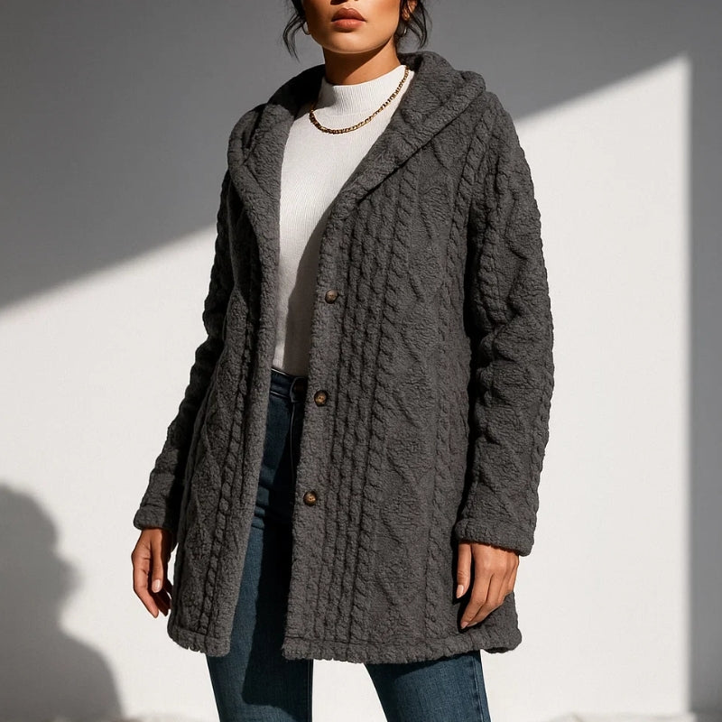 Manteau En Peluche Jacquard Via Nova Avec Capuche Et Boutons Pour Confort Décontracté Et Superposition Facile