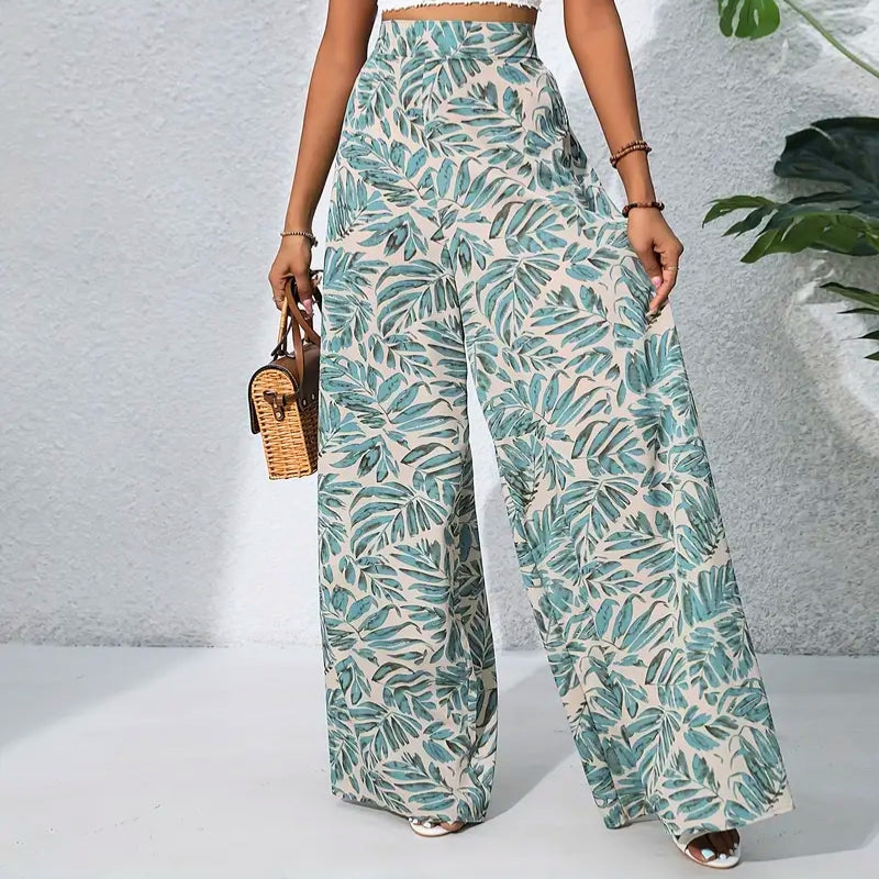 Pantalon Tropical Taille Haute Oraya Imprimé Palmier Coton Doux Lavé Au Soleil Avec Poches Latérales