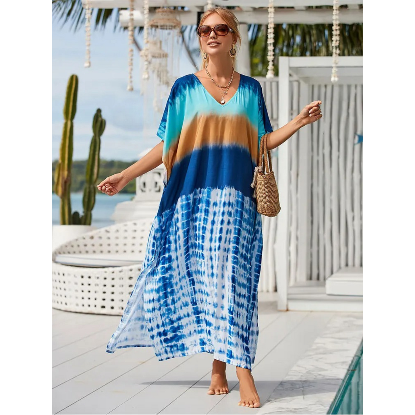 Amawinc Kaftan Femme Décontracté Col En V Plage Léger Et Aérien Vêtement De Plage