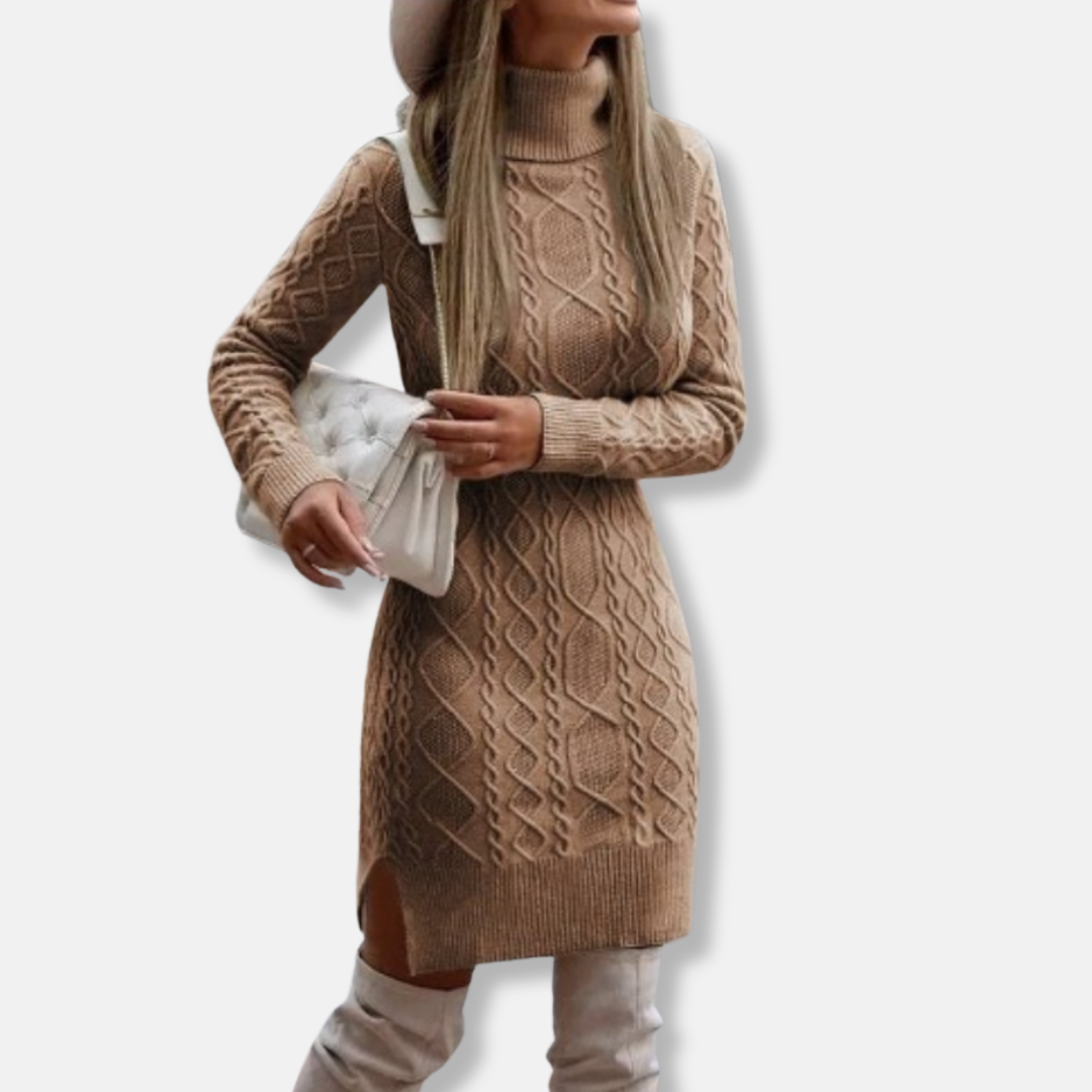 Robe Mini Femme Coupe Slim en Maille Mélangée Laine Col Roulé Manches Longues Fente Latérale Amawinc