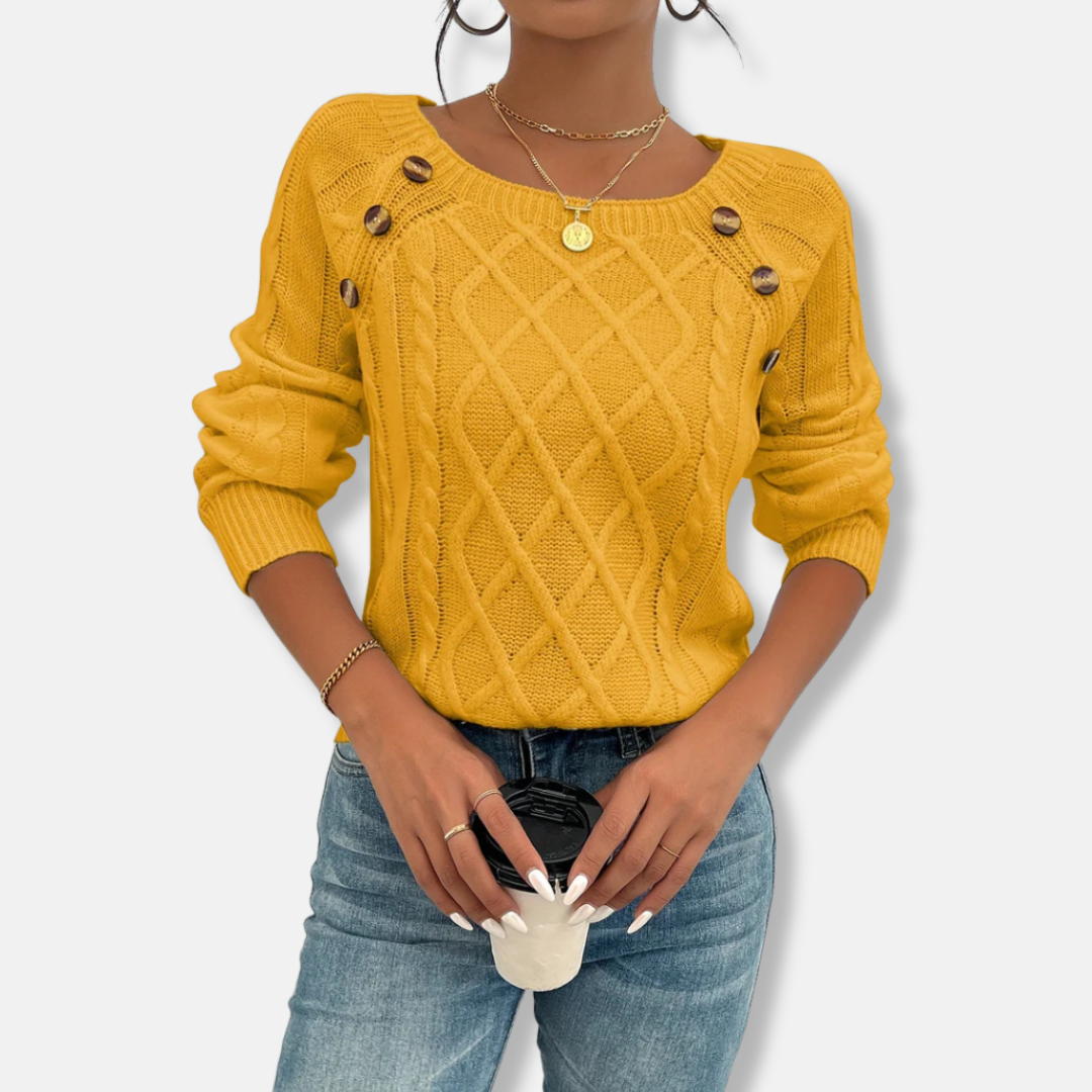 Top En Maille Pour Femme Coupe Décontractée Maille Cable Épaule Tombante Boutons Accent Poignets Côtelés