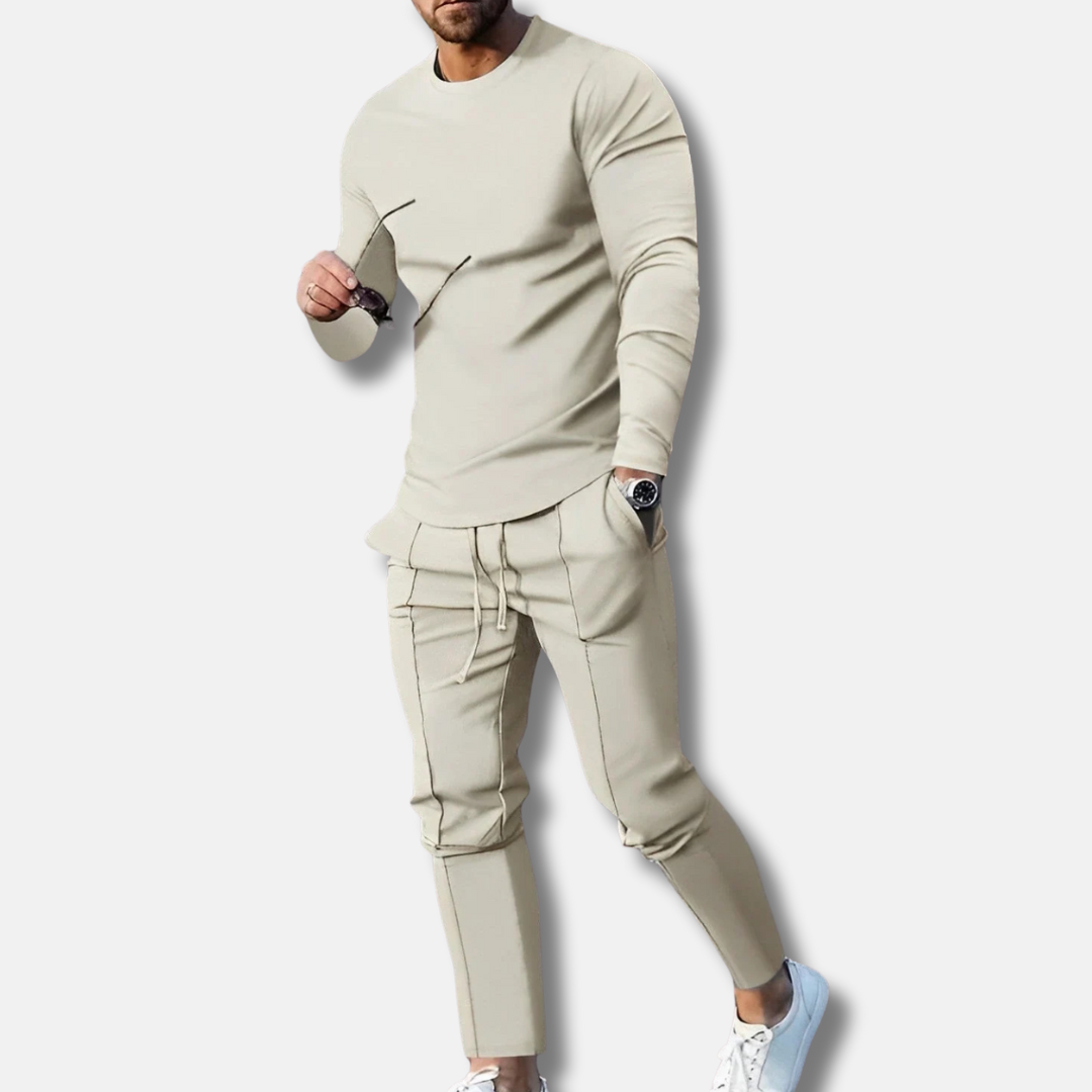 Ensemble Survêtement Deux Pièces Pour Homme Coupe Slim Coton Mélangé Respirant Pantalon à Cordon Confort Quotidien
